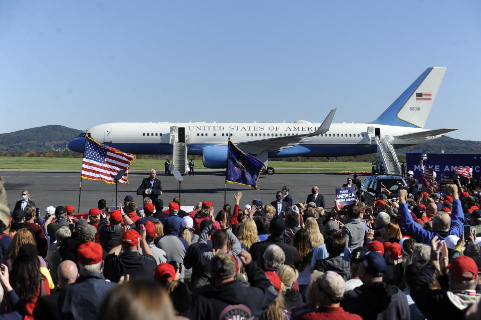 Vice President Mike Pence arrives at a campaign rally at the Reading Regional Airport on Oct. 17. A rising Latino population in the area has cut into Trump's 2016 leads. (Photo: Michael Perez/ASSOCIATED PRESS)