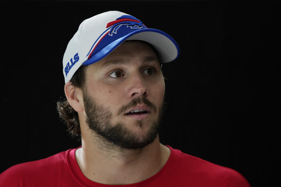 Buffalo Bills quarterback Josh Allen speaks with media after a practice session in Watford, Hertfordshire, England, north-west of London, Friday, Oct. 6, 2023. The Buffalo Bills will take on the Jacksonville Jaguars in a regular season game at Tottenham Hotspur Stadium on Sunday. (AP Photo/Steve Luciano)