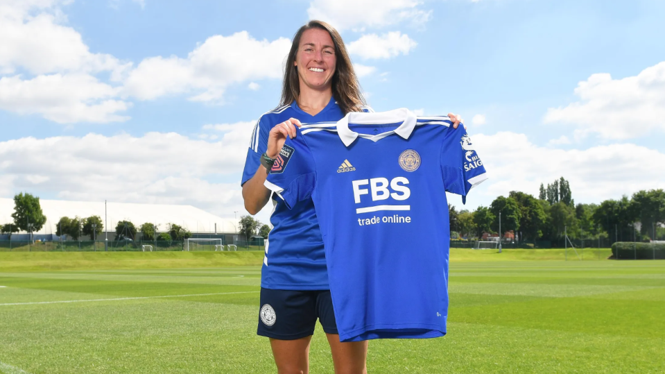 Former Racing Louisville FC defender Erin Simon poses for a picture holding a Leicester City FC jersey after signing with the English club on July 11, 2022. Simon appeared in 29 matches for Racing after being selected by the club in the 2020 NWSL Expansion Draft.