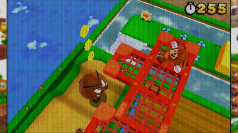 A Goomba looks menacingly at Mario. 