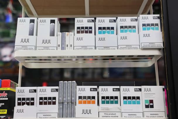 PHOTO: Juul packages are seen on a shelf at at a smoke shop in Brooklyn, N.Y., Dec. 7, 2022. (Michael M. Santiago/Getty Images)