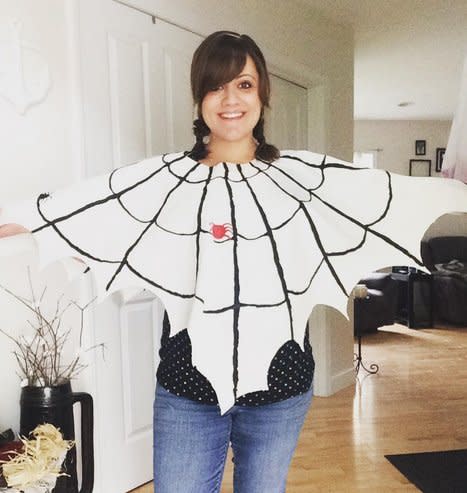  Any costume where you can wear your own clothes will be a winner for most people. Cut an old white bed sheet into a large web shape, with a hole in the middle for your head. Then, get out a black marker or some black paint and draw on the lines of the web, plus a cheeky little spider. Voila!