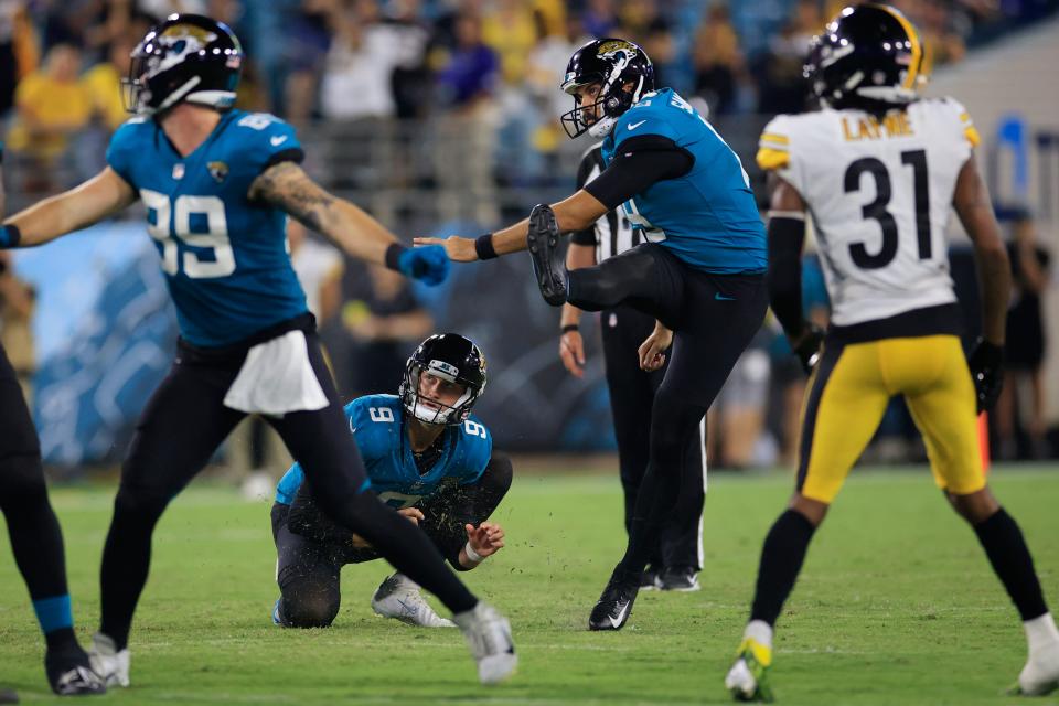 Ryan Santoso was cut by the Jaguars after missing this 57-yard attempt that could have won a preseason game against Pittsburgh on Aug. 20 at TIAA Bank Field.