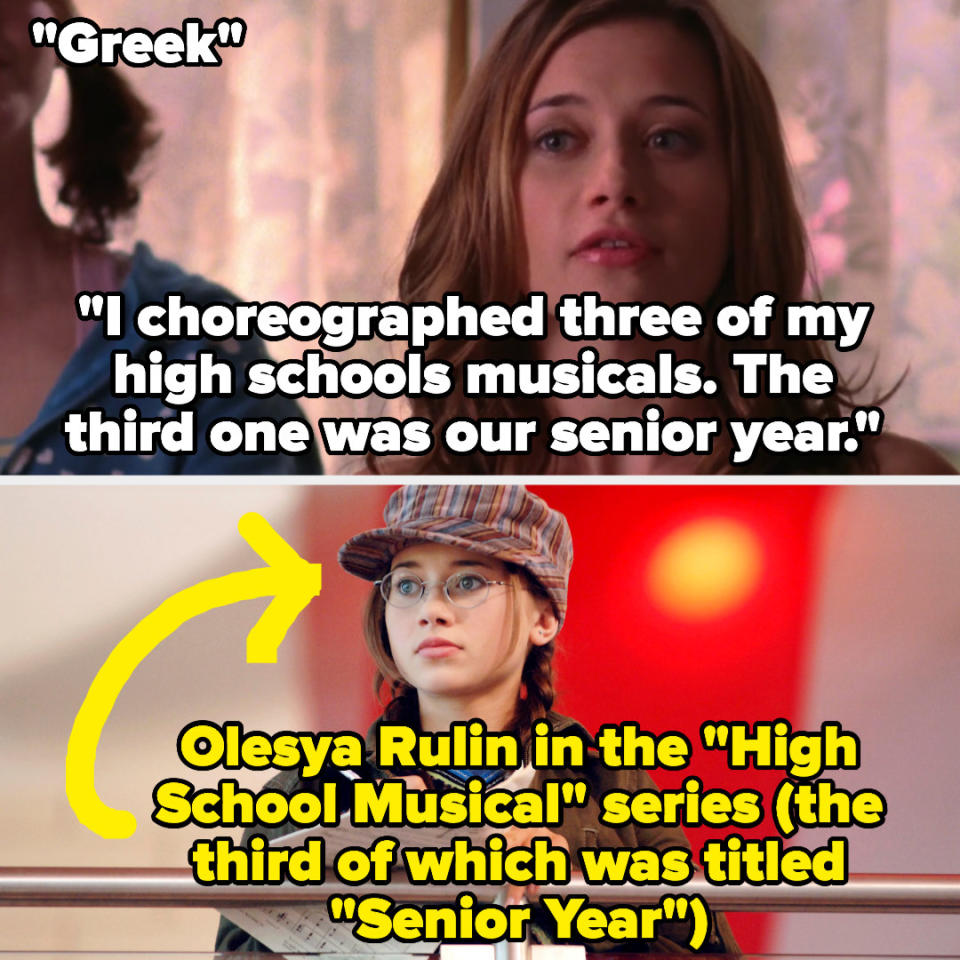 Abby says she choreographed three of her high school musicals, the last being her senior year, on Greek — then there's a photo of Olesya Rulin, the actor who played Abby on Greek, playing Kelsey in High School Musical