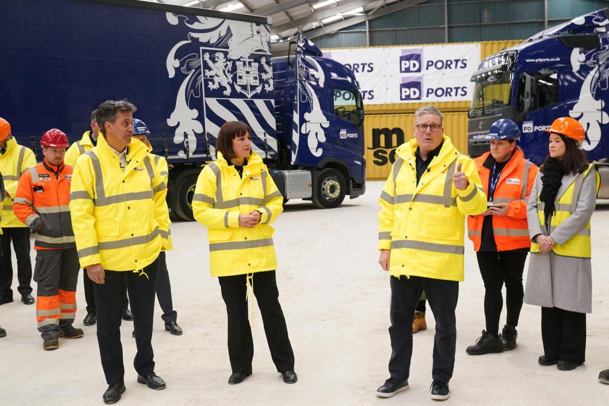 Labour Party leader Sir Keir Starmer, Shadow Chancellor Rachel Reeves and shadow energy secretary Ed Miliband during a campaign visit to Teesport <i>(Image: PA)</i>