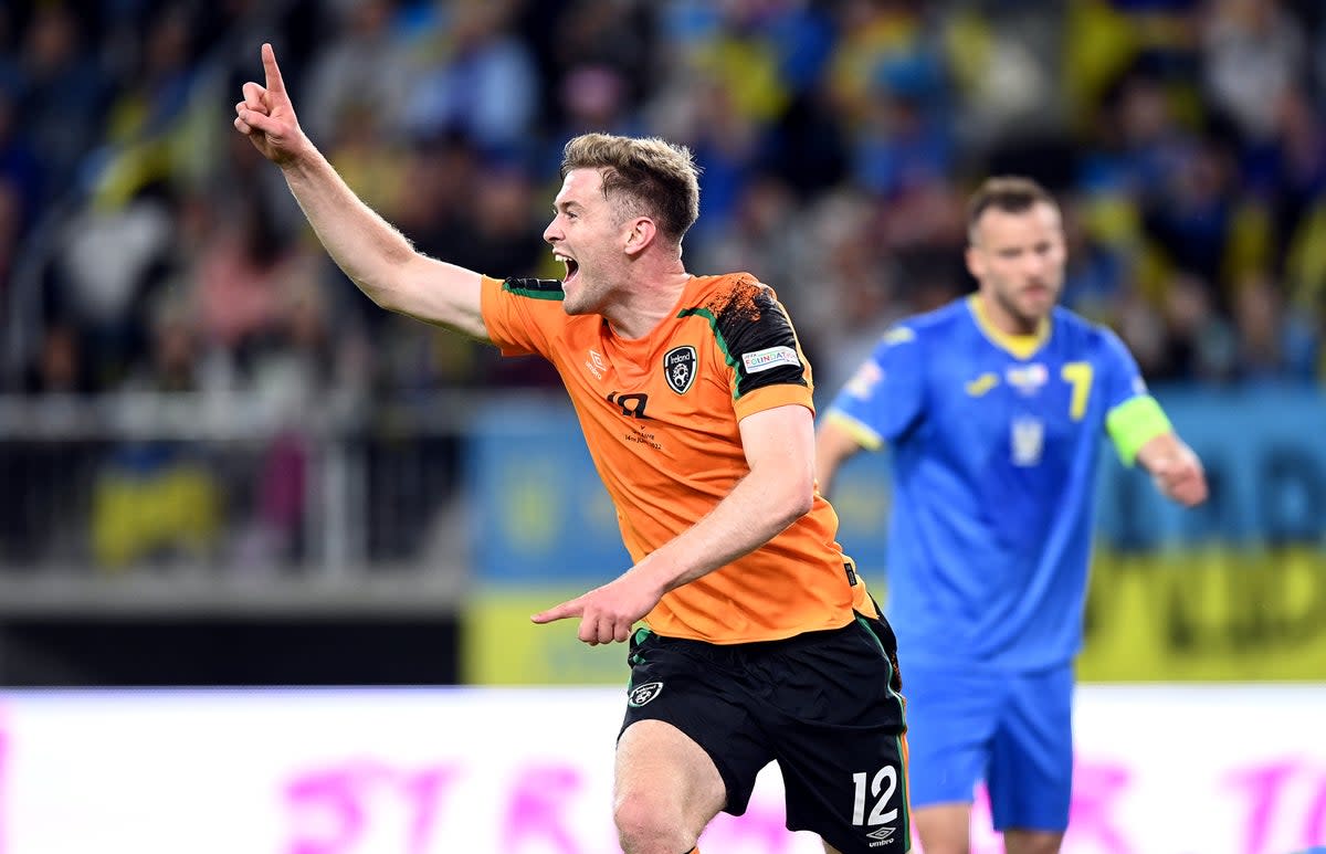 Republic of Ireland defender Nathan Collins celebrates his goal against Ukraine (Rafal Oleksiewicz/PA) (PA Wire)