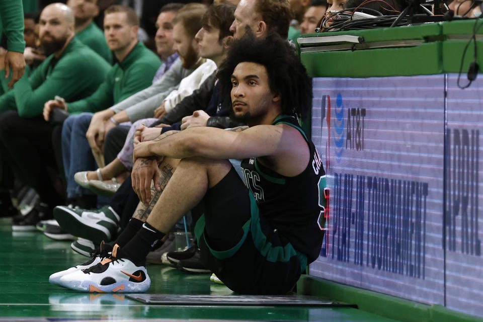 BOSTON, MA – APRIL 9: Justin Champagnie #99 of the Boston Celtics during the second half against the <a class="link " href="https://sports.yahoo.com/nba/teams/atlanta/" data-i13n="sec:content-canvas;subsec:anchor_text;elm:context_link" data-ylk="slk:Atlanta Hawks;sec:content-canvas;subsec:anchor_text;elm:context_link;itc:0">Atlanta Hawks</a> at TD Garden on April 9, 2023 in Boston, Massachusetts. (Photo By Winslow Townson/Getty Images)