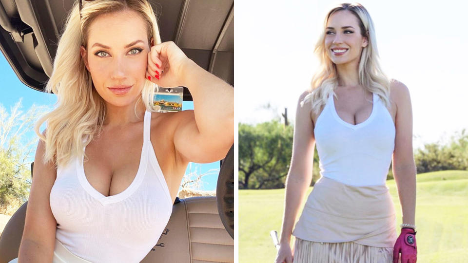 Paige Spiranac (pictured left) posing in a golf cart and (pictured right) on the golf course.