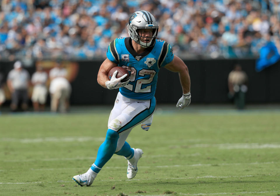 CHARLOTTE, NORTH CAROLINA - OCTOBER 06: Christian McCaffrey #22 of the Carolina Panthers runs with the ball against the Jacksonville Jaguars during their game at Bank of America Stadium on October 06, 2019 in Charlotte, North Carolina. (Photo by Streeter Lecka/Getty Images)