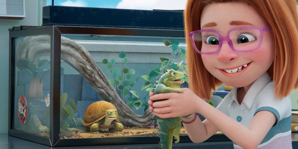 Leo (voiced by Adam Sandler, center) is a 74-year-old class lizard who doles out life lessons to Summer (Sunny Sandler) and her fifth grade classmates – much to the chagrin of fellow pet turtle Squirtle (Bill Burr) – in the Netflix animated comedy "Leo."