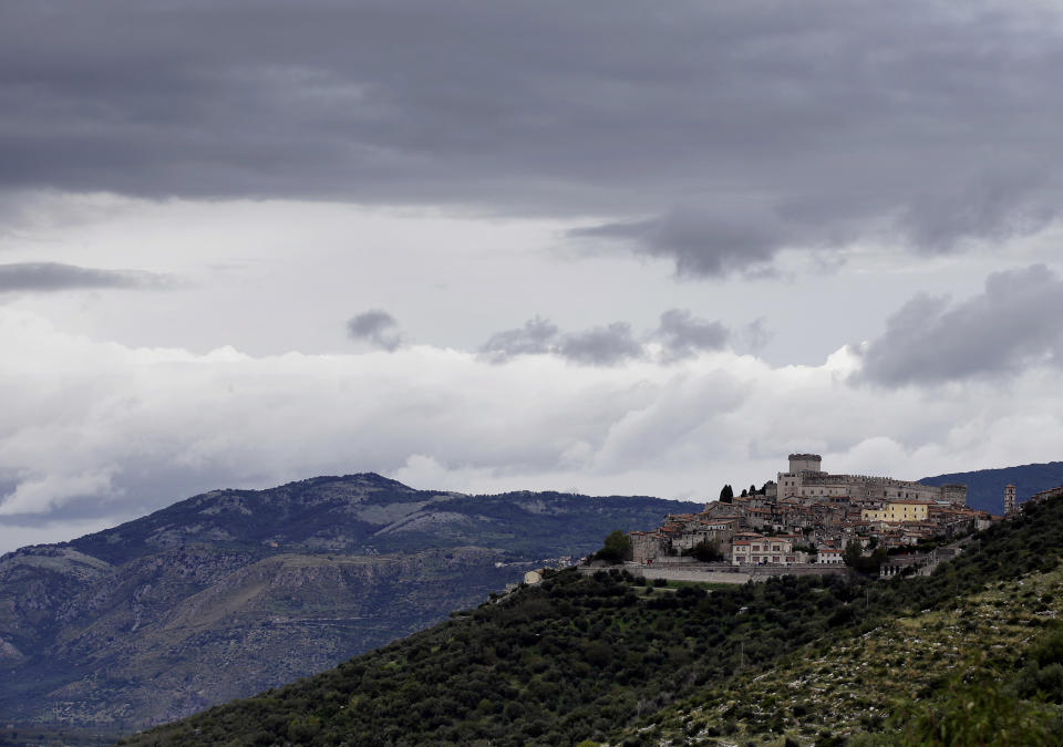 In this photo taken Monday, Oct. 29, 2012, clouds pass over Sermoneta, Italy, where the shooting of "Borgia" TV series is takeing place. The Italian economy may be struggling but the pan-European television series “Borgia,” which is now filming its second season in Italy, is a thriving hit on the world market. Spanning the late Middle Ages to the early Renaissance period, the show follows the famous Borgia family's rise to power and subsequent domination of the Vatican and southern Europe's political landscape. A winning combination of sex, violence, faith, lust and betrayal, the primarily French-German production has been sold in 85 countries worldwide. (AP Photo/Gregorio Borgia)