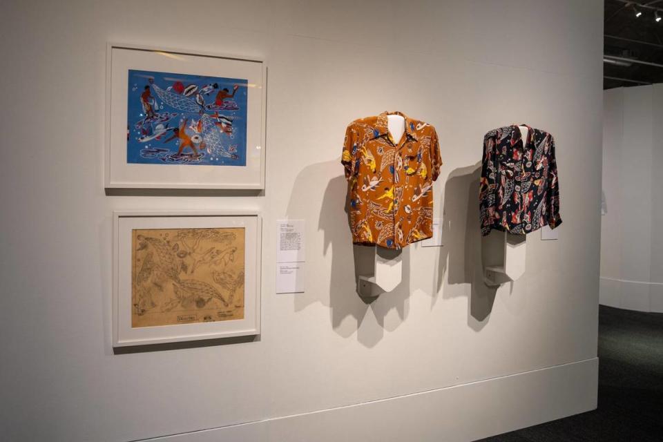 Two Aloha Shirts on display at the Washington State History Museum created by John “Keoni” Meigs. Not only are the Aloha Shirts in the museum, but also the original sketches, paintings and different variations of the shirts that Meigs created such as different color pallets and long and short sleeve shirts.