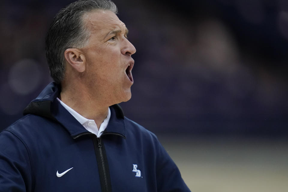 San Diego head coach Steve Lavin reacts during the first half of an NCAA college basketball game against Saint Mary's, Thursday, Feb. 16, 2023, in San Diego. (AP Photo/Gregory Bull)