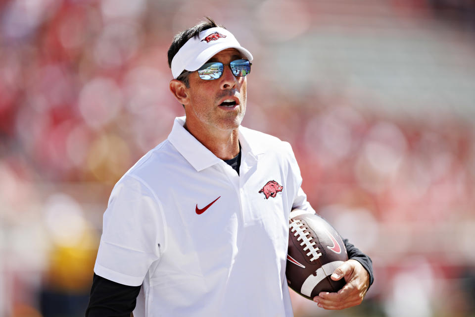 FAYETTEVILLE, ARKANSAS - SEPTEMBER 09:  Offensive Coordinator Dan Enos of the Arkansas Razorbacks on the field before the game against the Kent State Golden Flashes at Donald W. Reynolds Razorback Stadium on September 09, 2023 in Fayetteville, Arkansas. The Razorbacks defeated the Golden Flashes 28-6.  (Photo by Wesley Hitt/Getty Images)