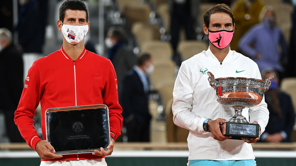 Rafael Nadal and Novak Djokovic, pictured here after the 2020 French Open final.