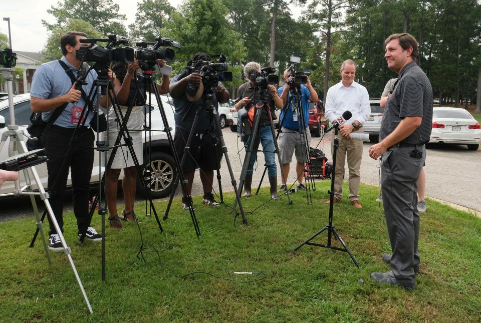 Nick Frenz speaks to the media on behalf of the University of Alabama to update game day operations and procedures Tuesday, Aug. 29, 2023, as the Crimson Tide prepares for the season-opening game against Middle Tennessee State this weekend.