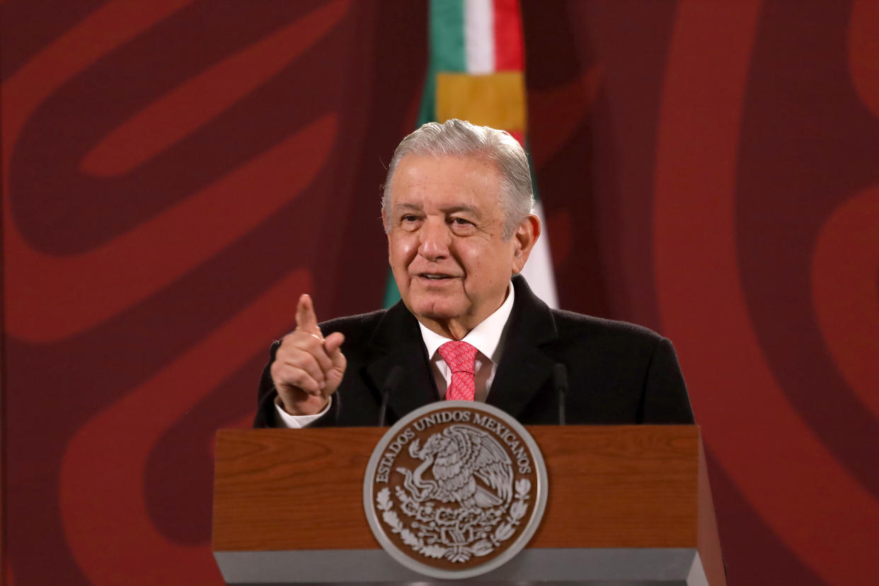 MEXICO CITY, MEXICO - JAN 24, 2022: Mexican President, Andres Manuel Lopez Obrador gestures while speak during his Daily Morning briefing conference at National Palace, after  was hospitalized  for a medical check-up and cardiac catheterization. On January 24, 2022 In Mexico City, Mexico.  (Photo credit should read Luis Barron / Eyepix Group/Future Publishing via Getty Images)