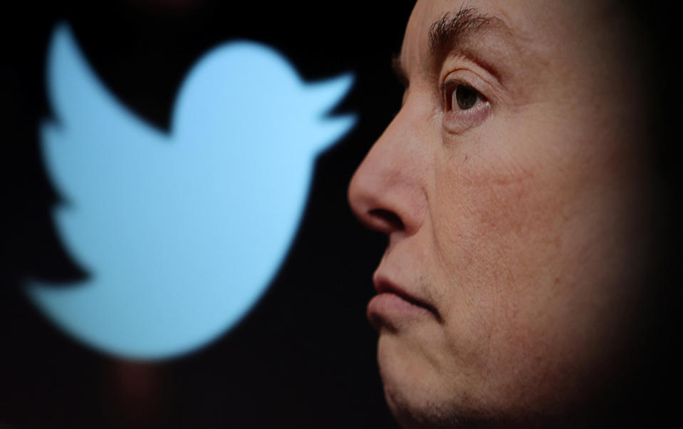 Twitter logo and a photo of Elon Musk. FTSE was down on Friday but Wall Street rose