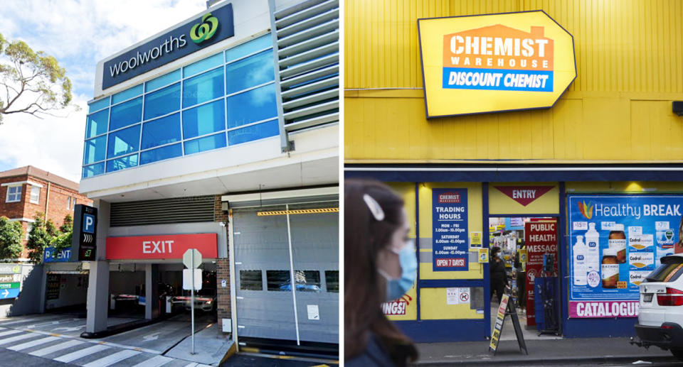 Pictured are Woolworths and Chemist Warehouse store fronts.