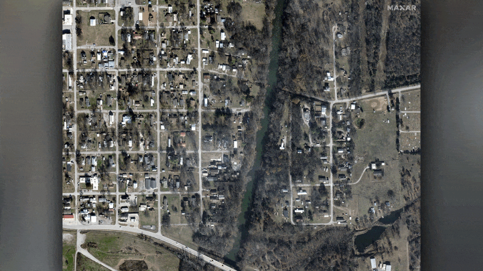 A satellite image of Barnesdall, Oklahoma before then after the deadly May 7 tornado.
