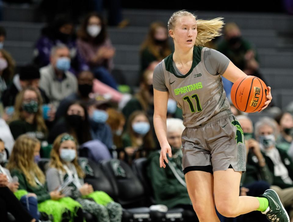 Michigan State’s Matilda Ekh (11) moves the ball after a turnover during a Big Ten game against Northwestern on Sunday, Jan. 16, 2022 at the Breslin Center.