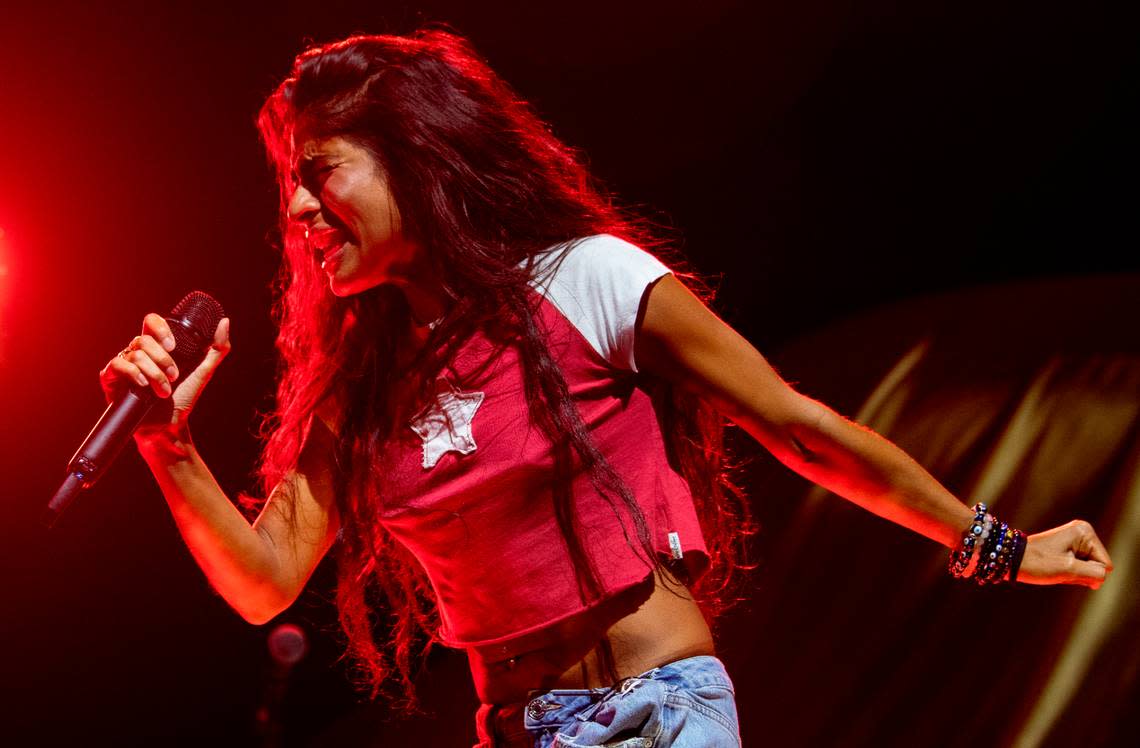 Jessie Reyez opens the show for Sam Smith in concert on the “Gloria” tour, Tuesday night, Aug. 1, 2023 in Raleigh, N.C.