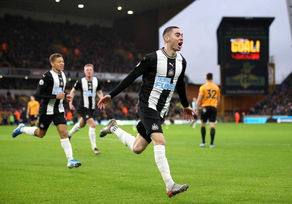 Newcastle United's Miguel Almiron celebrates after scoring against Wolverhampton on Jan. 11, 2020. A Saudi takeover of the club could push the Magpies to titan status in the Premier League. (Photo by Marc Atkins/Getty Images)