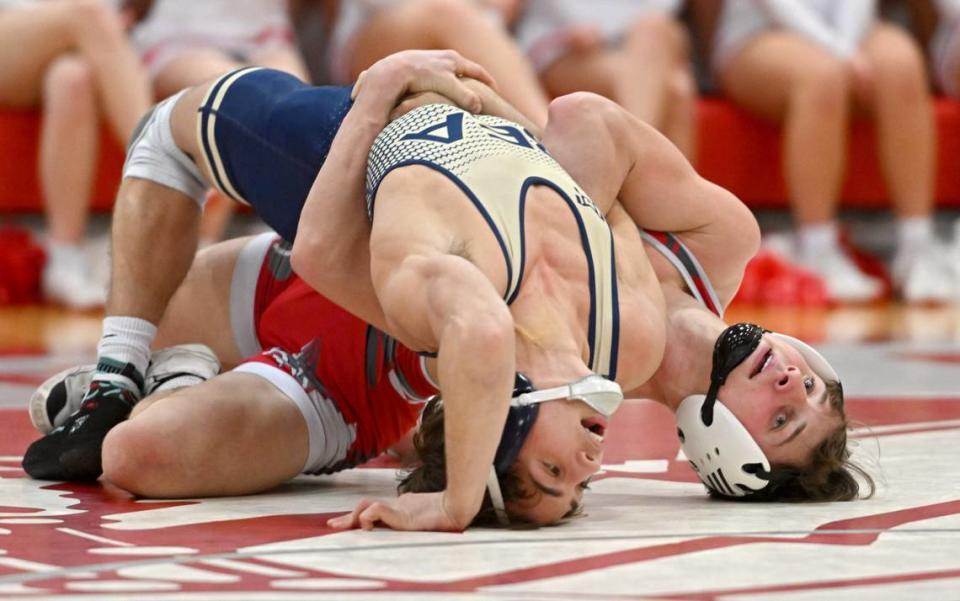 Bellefonte’s Noah Weaver controls Bald Eagle Area’s Mason Reese in the 145 lb bout of the match on Tuesday, Jan. 23, 2024.