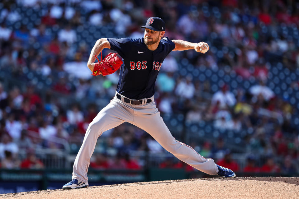 紅襪Chris Sale表現不佳，主投4.1局便失掉3分退場。（MLB Photo by Scott Taetsch/Getty Images）、