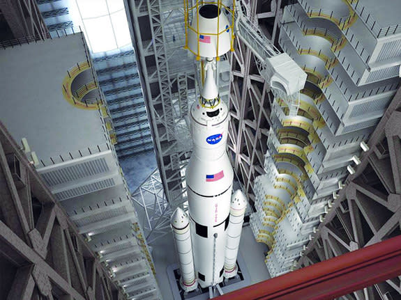 Artist's rendering of NASA's Space Launch System (SLS) rocket being stacked inside the Vehicle Assembly Building.