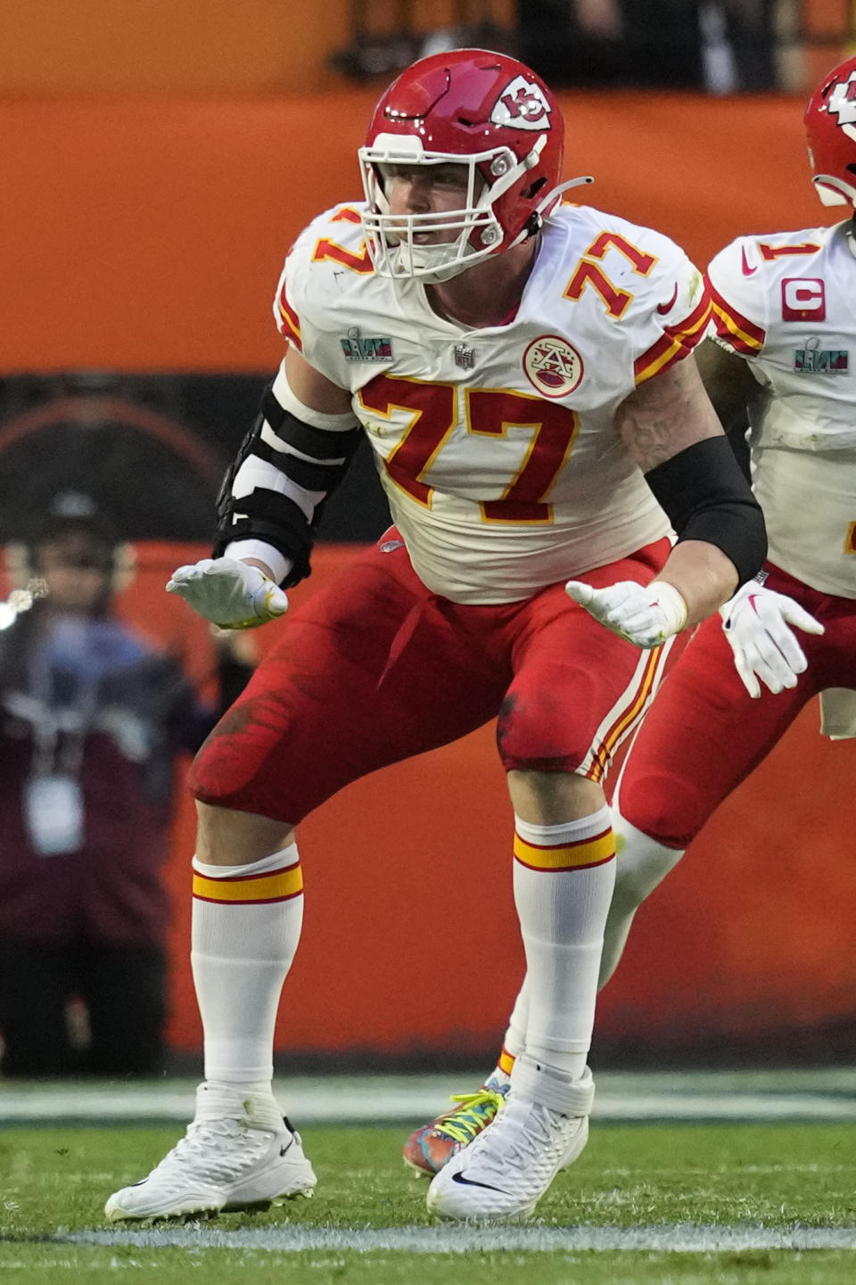 FILE - Kansas City Chiefs guard Andrew Wylie (77) plays against the Philadelphia Eagles during the NFL Super Bowl 57 football game, Sunday, Feb. 12, 2023, in Glendale, Ariz. The Commanders agreed to terms with guard/tackle Andrew Wylie on a three-year deal worth $24 million, a person with knowledge of the contract told The Associated Press on Monday, March 13, 2023. (AP Photo/Steve Luciano, File)