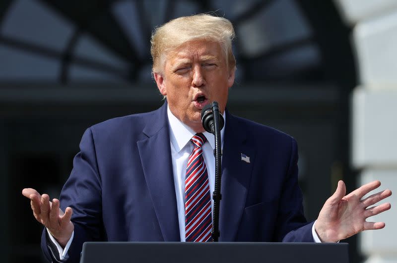 U.S. President Donald Trump speaks about efforts to curb federal regulations during South Lawn event at the White House in Washington