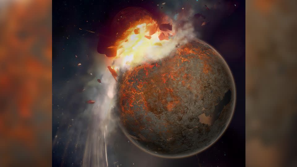 This rendering shows Theia colliding with the early Earth. The combination of high-resolution giant impact and mantle convection simulations, mineral physics calculations, and seismic imaging suggests that the lower half of Earth’s mantle remained mostly solid after this impact, and that parts of Theia’s iron-rich mantle sank and accumulated atop Earth's core nearly 4.5 billion years ago, surviving there throughout Earth’s history. - Hernán Cañellas