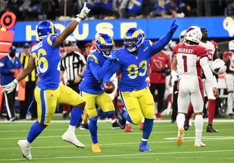 Los Angeles, California January 17, 2022: Rams defensive lineman Marquise Copeland (93) celebrates his interception.