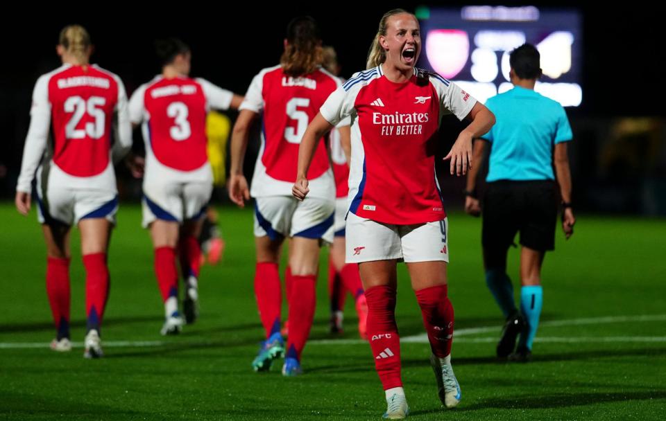 <span>Beth Mead celebrates after scoring in the Arsenal win at home to Häcken that sealed their place in the Champions League group stage.</span><span>Photograph: Dave Shopland/Shutterstock</span>