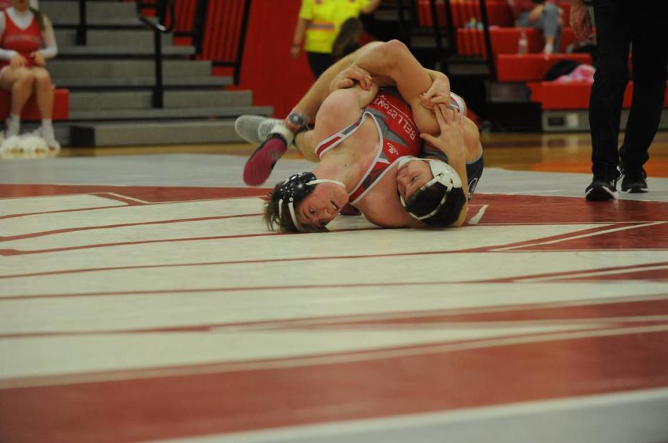 Bellefonte’s Jack McHail and Penns Valley’s Ethan Fetterolf battle for position in their 160-pound bout of the Rams’ 51-9 win on Wednesday at Bellefonte. Fetterolf pinned McHail in 3:17, which was one of his six on the year.