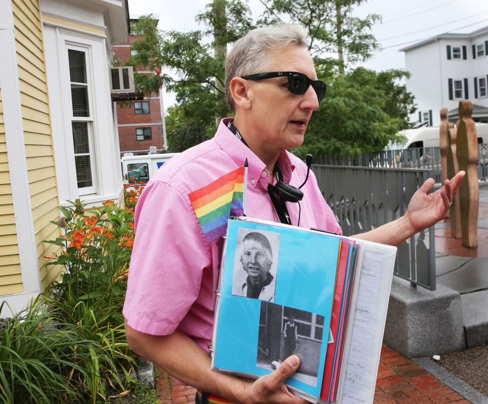 Tom Kaufhold, founder of the Seacoast LGBT History Project stops during a tour and talks about Charlie Howard, a gay teen who was bullied while growing up in Portsmouth and murdered in Bangor for being gay in 1984. This stop is part of the Portsmouth Historical Society's tour, ""'Gay' Old Times: Stories of Portsmouth's LGBTQ+ Community." 