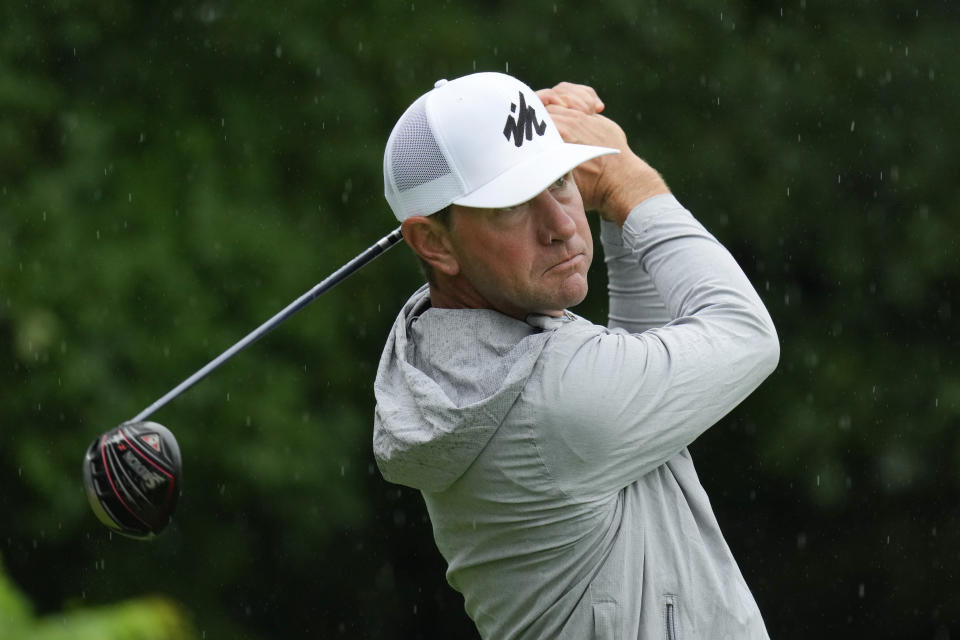 Lucas Glover hits off the second tee during the final round of the John Deere Classic golf tournament, Sunday, July 11, 2021, at TPC Deere Run in Silvis, Ill. (AP Photo/Charlie Neibergall)