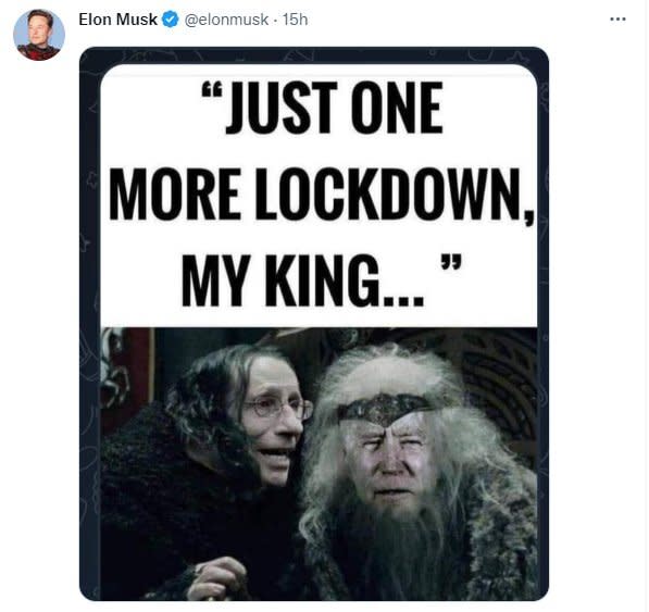馬斯克上傳一幅迷因哏圖(Meme)，顯示佛奇告訴美國總統拜登說，「再封鎖一次，我的國王…」。(推特)