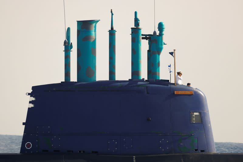 Israeli sailors are seen on navy submarine Leviathan during a naval manoeuvre in the Mediterranean Sea off the coast of Haifa