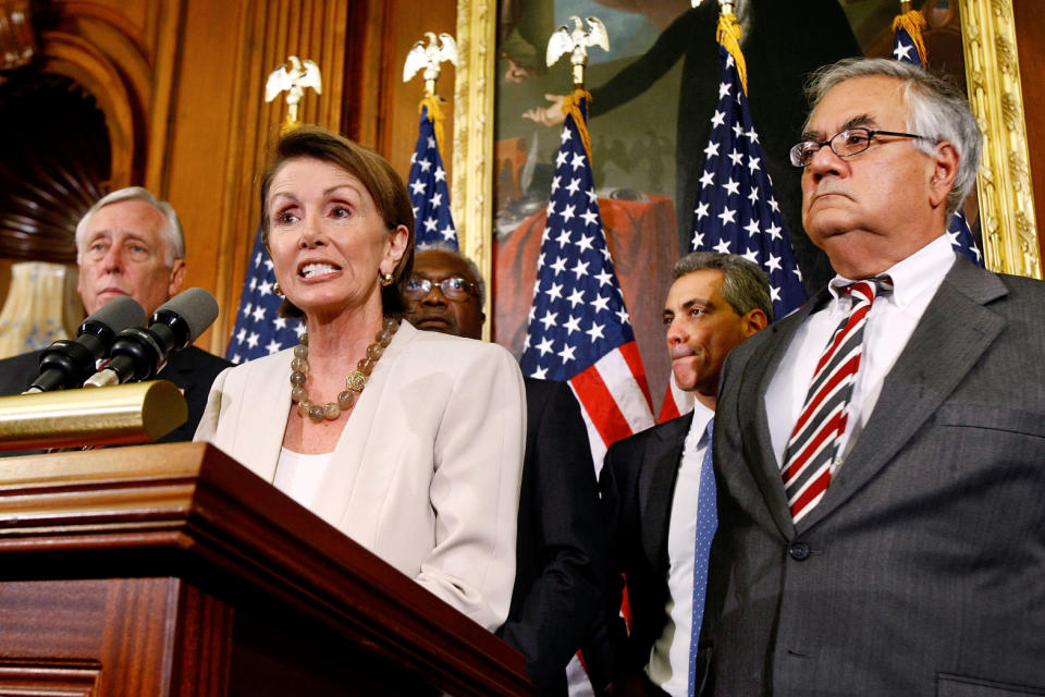 Speaker of the House Nancy Pelosi at a news conference with House Majority Leader Steny Hoyer, left, and House Majority Whip James Clyburn, second from left, on Sept. 29, 2008. The House failed to pass the Emergency Economic Stabilization Act, 205-228. (Photo: Chip Somodevilla/Getty Images)