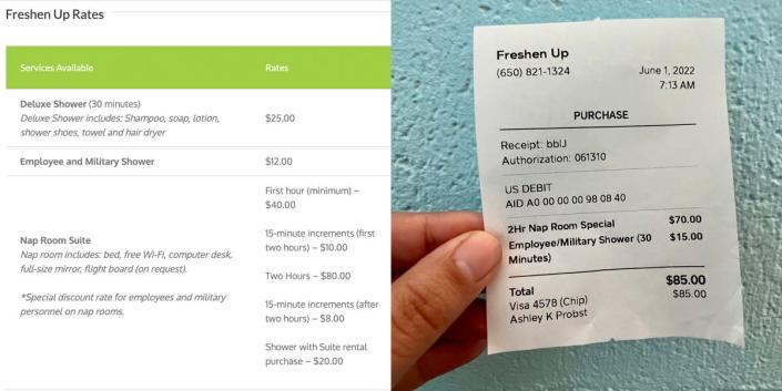 freshen up rate on their website next to a photo of a receipt from freshen up