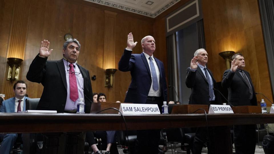 PHOTO: Sam Salehpour, Ed Pierson, Joe Jacobsen and Shawn Pruchnicki are sworn in during a hearing at Capitol Hill in Washington, DC, April 17, 2024.  (Drew Angerer/AFP via Getty Images)