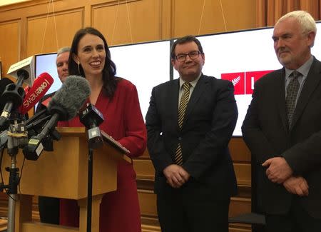 New Zealand Labour leader Jacinda Ardern speaks to the press after leader of New Zealand First party Winston Peters announced his support for her party in Wellington, New Zealand, October 19, 2017. REUTERS/Charlotte Greenfield