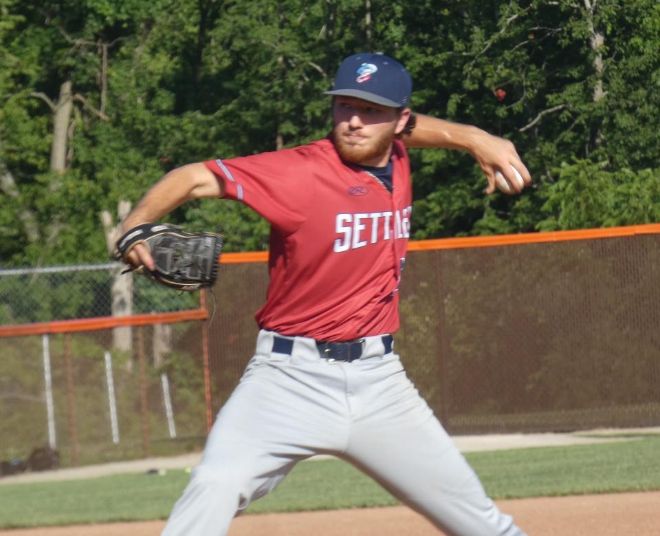 Licking County Settlers' Logan Bragg, a Licking Valley graduate, pitches against the Xenia Scouts during Great Lakes Summer Collegiate League play at Heath's Dave Klontz Field on Friday, June 24, 2022. The Settlers fell to the visiting Scouts 9-1.