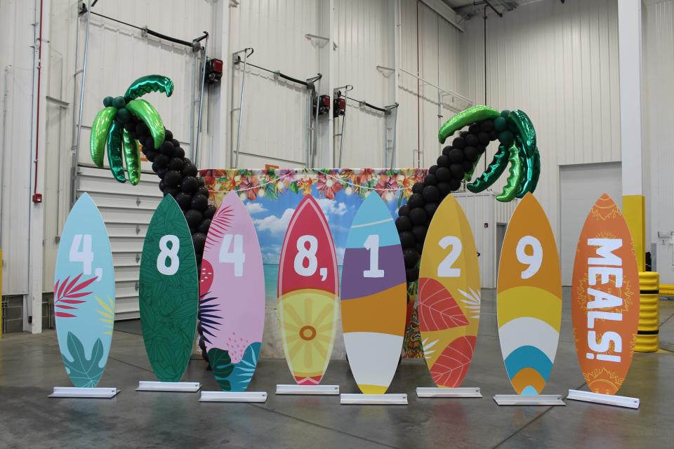 Surfboards were lined up representing the 4,848,129 meals raised during the Akron-Canton Regional Foodbank's 2023 Harvest for Hunger campaign.