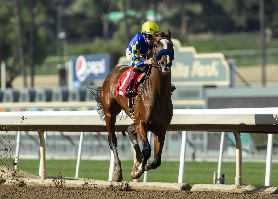 In a photo provided by Benoit Photo, Authentic and jockey Drayden Van Dyke win the Grade III, $100,000 Sham Stakes, Saturday, Jan. 4, 2020, at Santa Anita Park, in Arcadia, Calif. (Benoit Photo via AP)