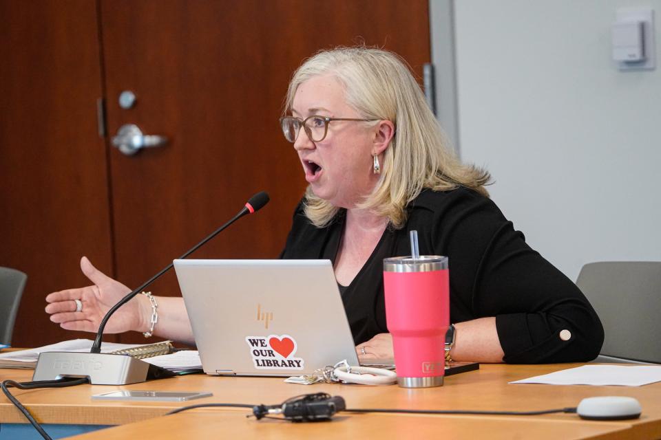 Edra Waterman, the Library Director/Chief Executive Officer for Hamilton East Public Library, asks library board members to clarify policies for library staff during a library board meeting on Thursday, Aug. 24, 2023, in Noblesville, Ind.