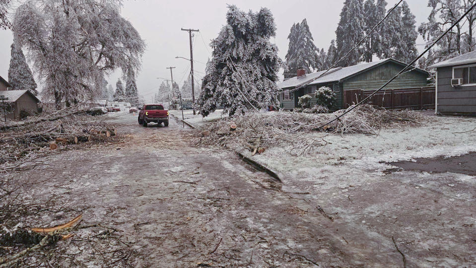 Branches and fallen trees are scattered on the road on Tuesday, Jan. 16, 2024, in Creswell, Ore. Winter turned its icy glare on the U.S. this week, blanketing cities and states from east to west with snow and sending temperatures into an Arctic spiral. (Jamie Kenworthy via AP)