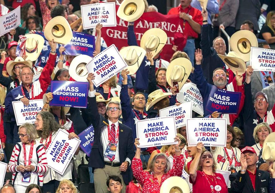 Delegates and attendees gather during the third day of the Republican National Convention in Milwaukee on Jul 17, 2024.